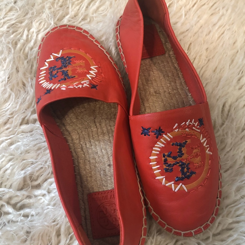 Tory Burch orange embroidered espadrille flats